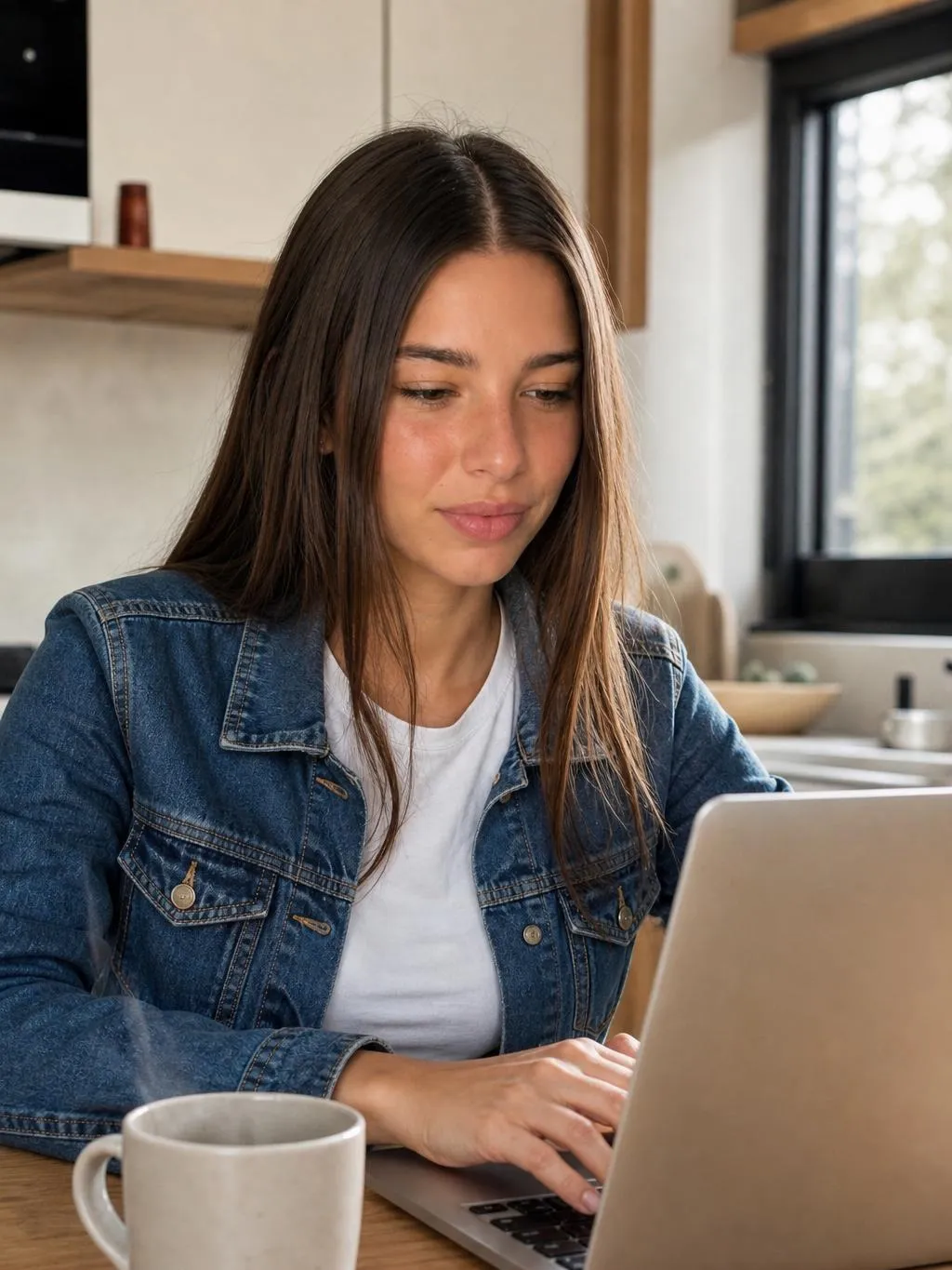 A character at a kitchen table in daylight typing on a laptop, working on an About page, an unposed candid rather than a staged shot