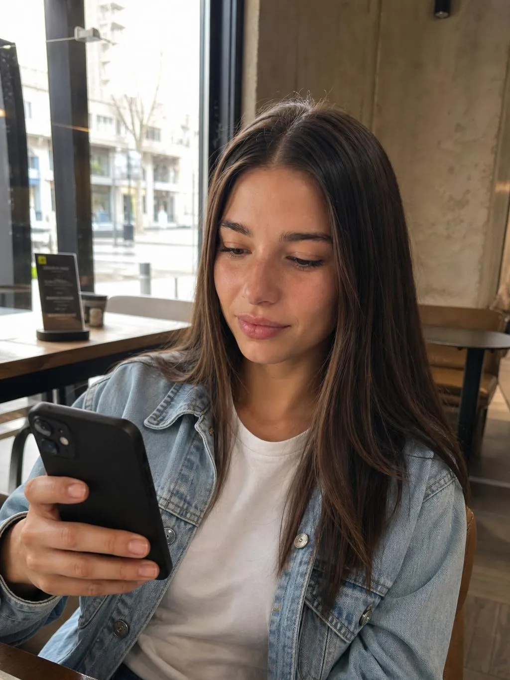 A character holding a phone in daylight, mid-scroll, an unposed candid framed like a real social moment rather than a studio shot