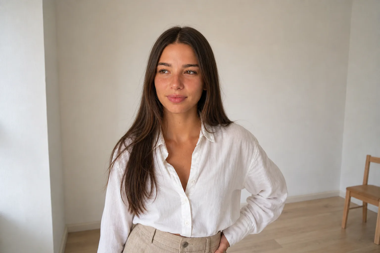 Young woman standing in a bright minimal room in a linen shirt, looking calmly to one side
