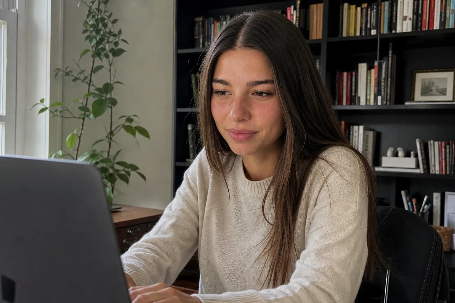 Young woman at a desk browsing a grid of AI-generated portrait thumbnails on her laptop screen