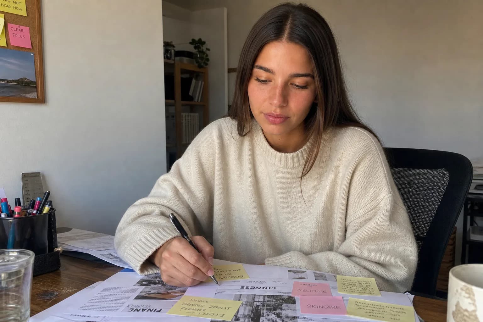 Woman surrounded by sticky notes and mood boards weighing different niche ideas at her desk