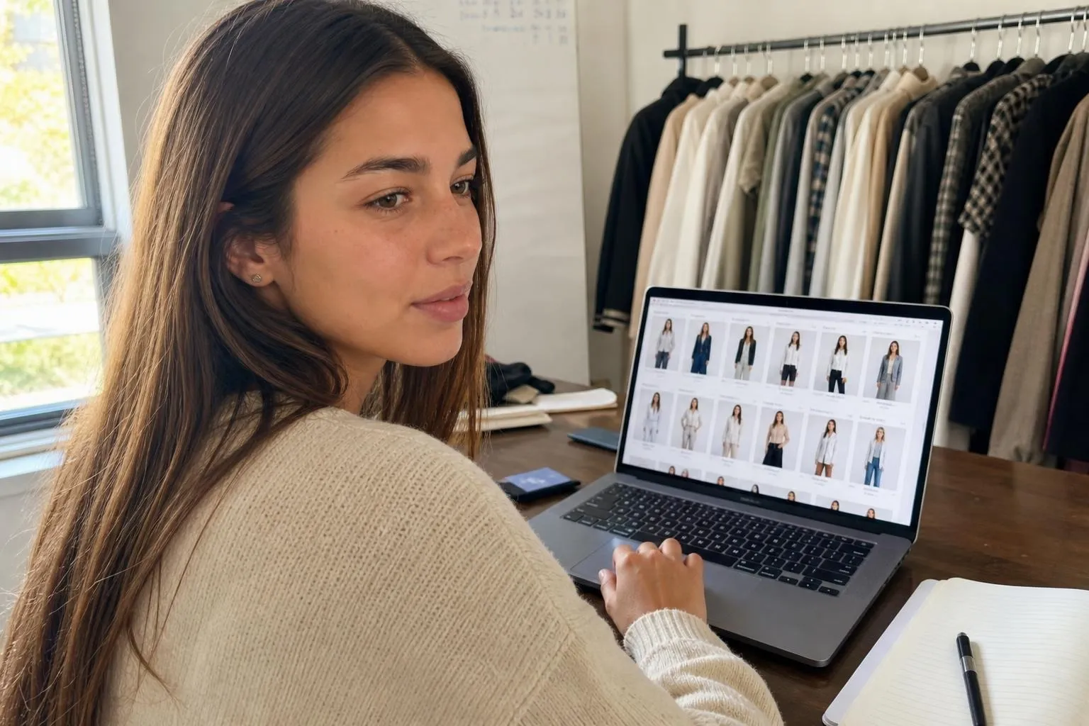 Young woman at a desk reviewing on-model clothing product photos on a laptop, a garment rack behind her