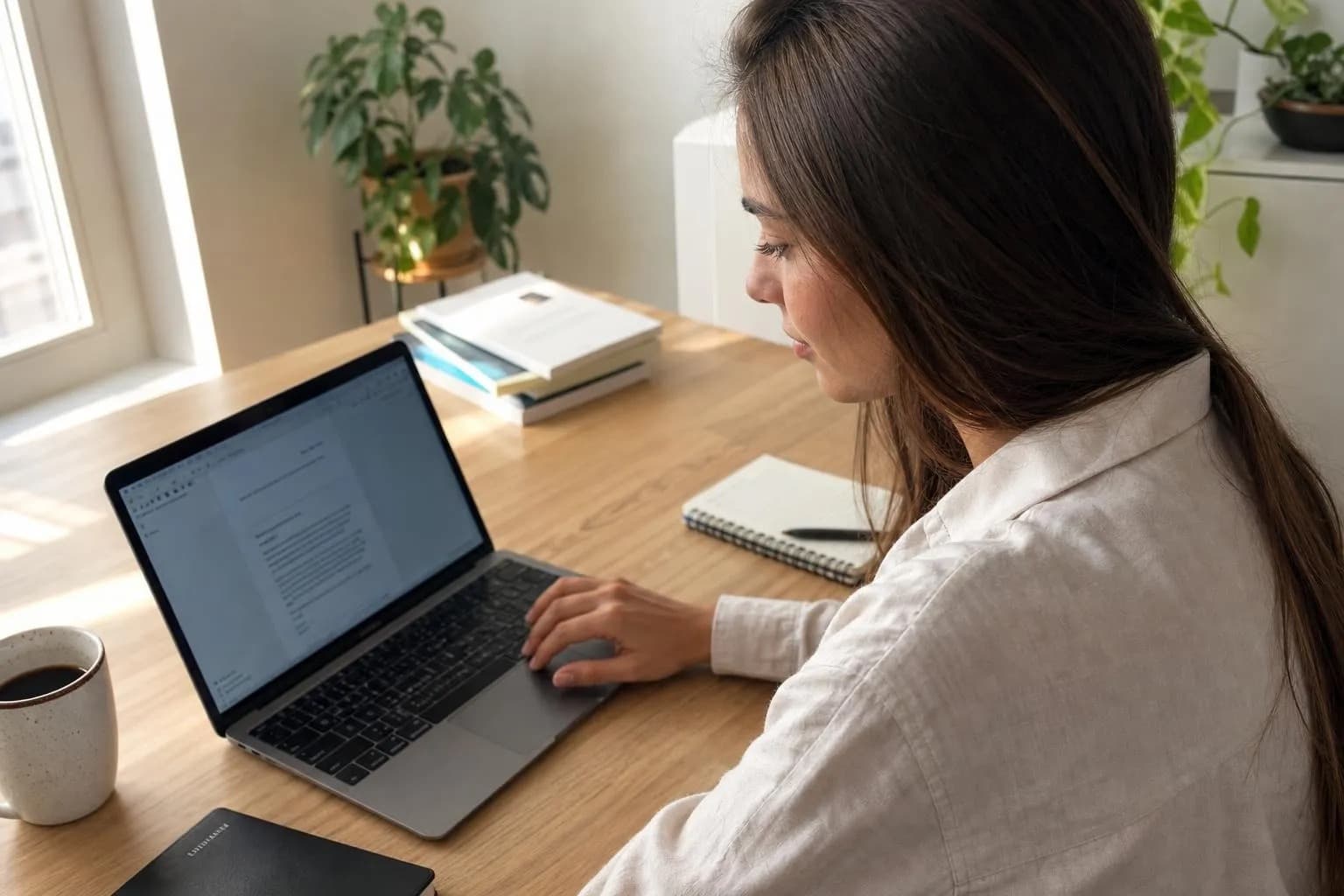 Woman at a wooden desk reviewing a grid of AI-generated product photos on her laptop