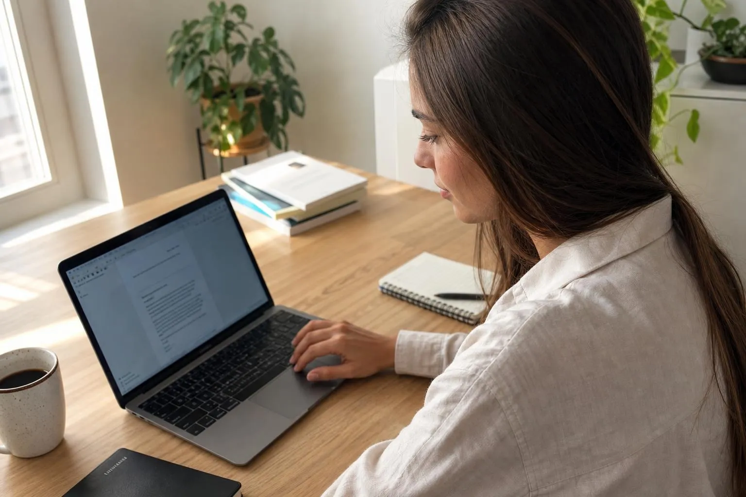 Woman at a wooden desk reviewing a grid of AI-generated product photos on her laptop