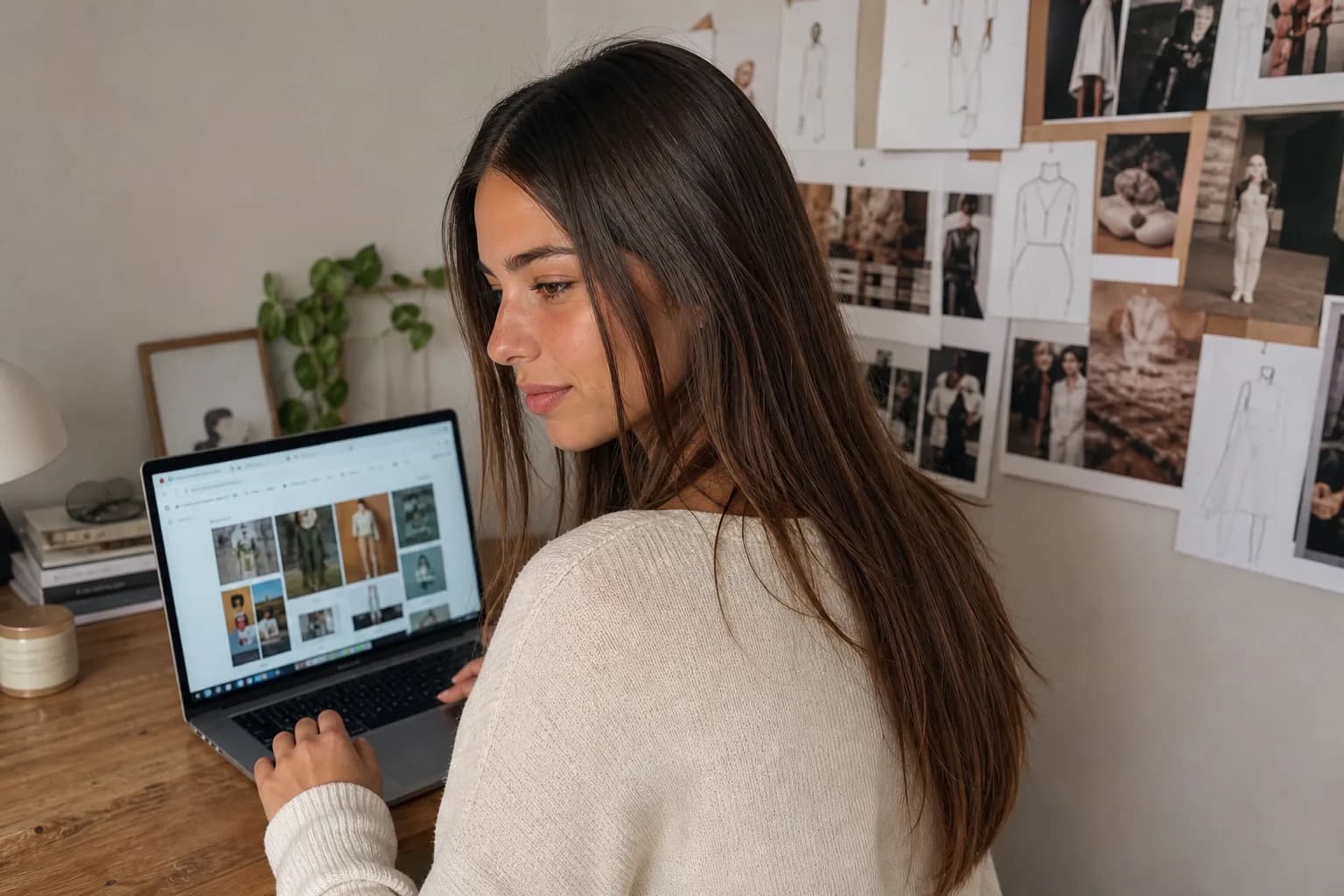 Young woman at her desk planning different poses and outfits for a character