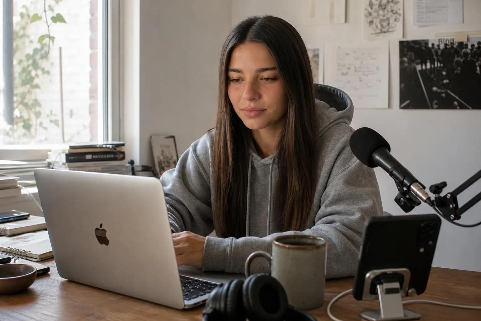 Young woman at a home-office desk with a laptop, microphone, headphones and phone, working on content