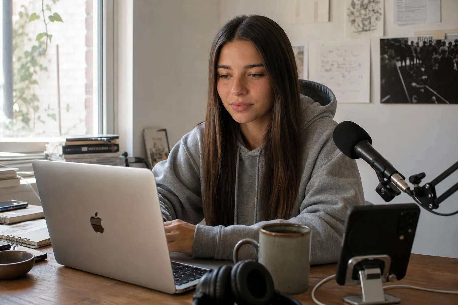 Young woman at a home-office desk with a laptop, microphone, headphones and phone, working on content