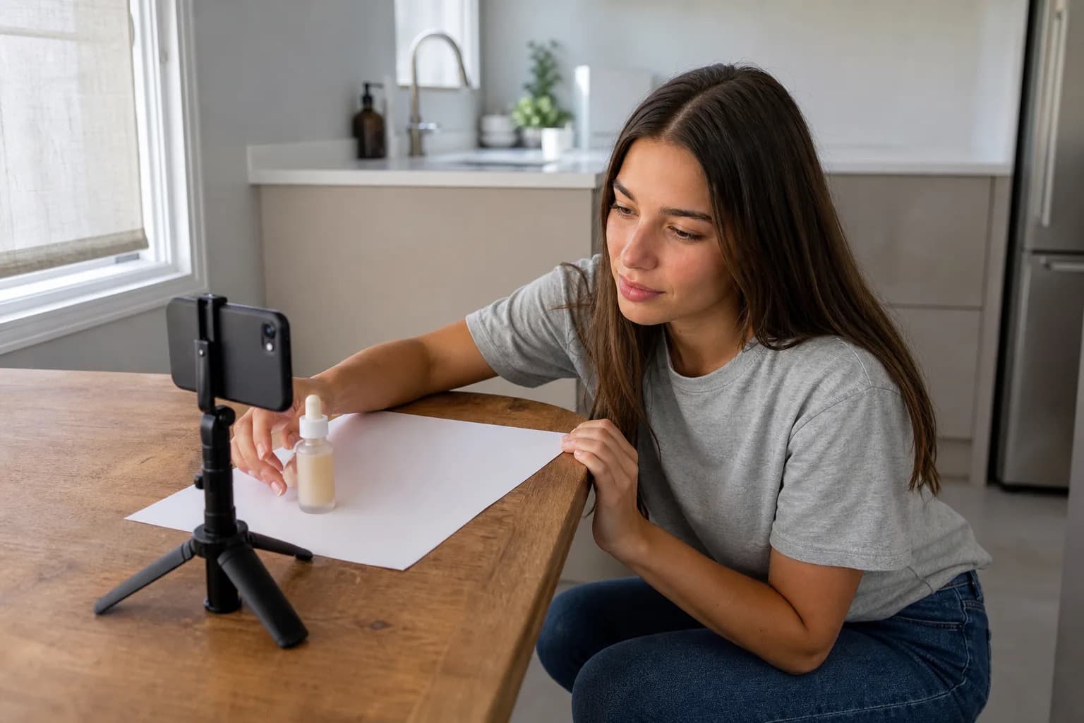 Young woman setting up a DIY product photography rig with her phone on a kitchen table