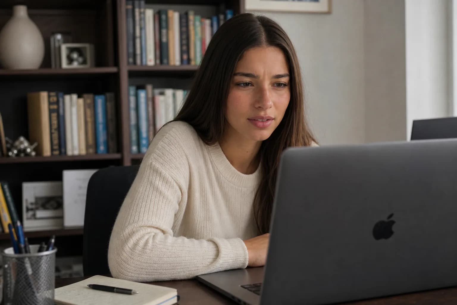 Young woman looking puzzled as a chatbot keeps changing the character