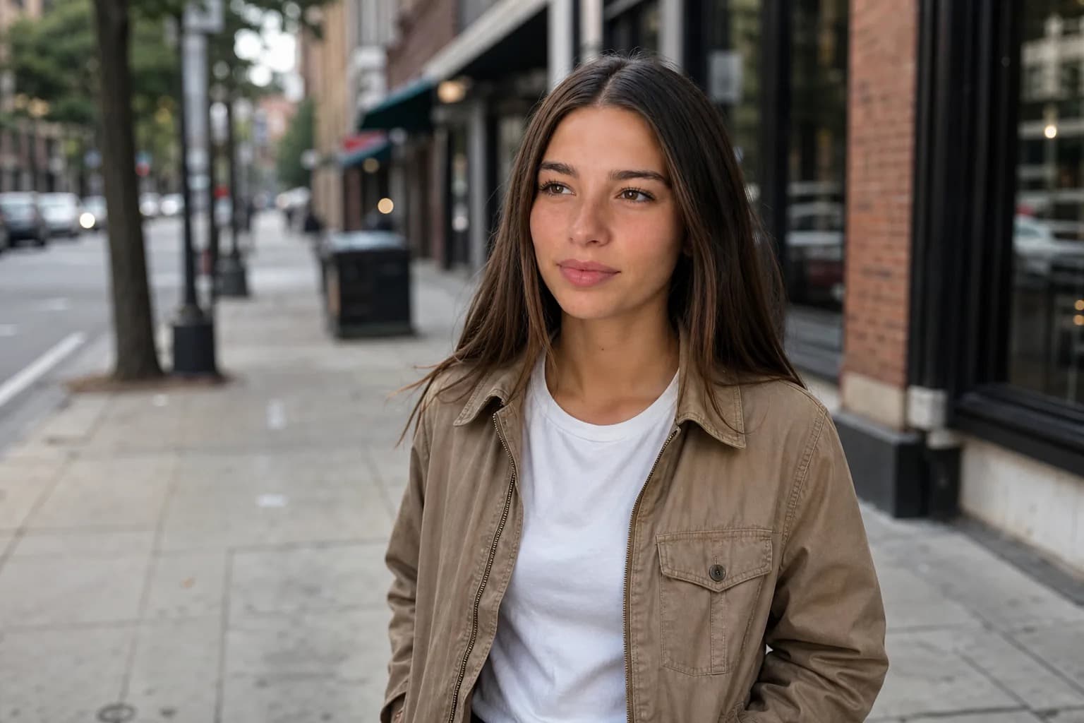 Woman walking a city sidewalk wearing a tan jacket, a lifestyle commercial photography scene