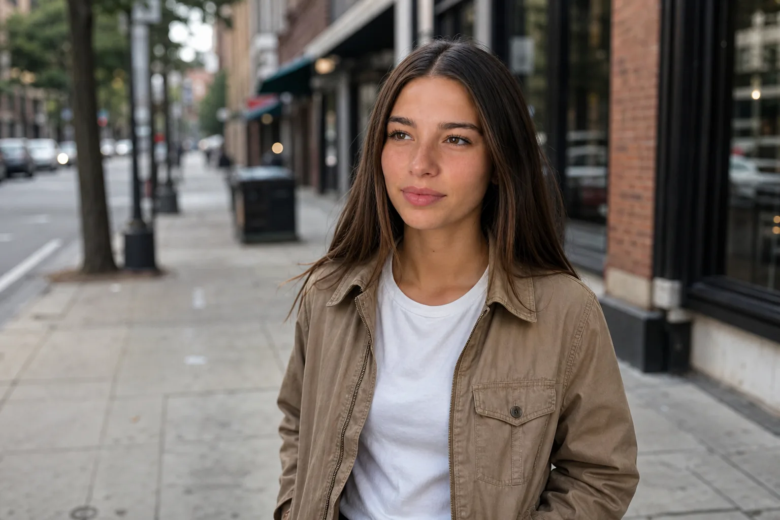 Woman walking a city sidewalk wearing a tan jacket, a lifestyle commercial photography scene