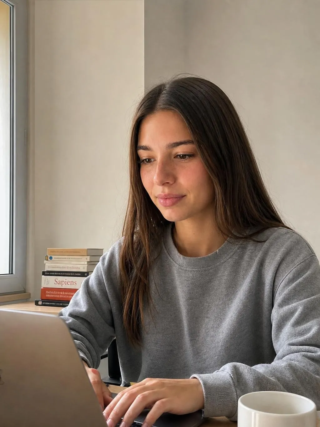A character at a desk uploading a video from a laptop in daylight, an unposed candid framed like a real working moment