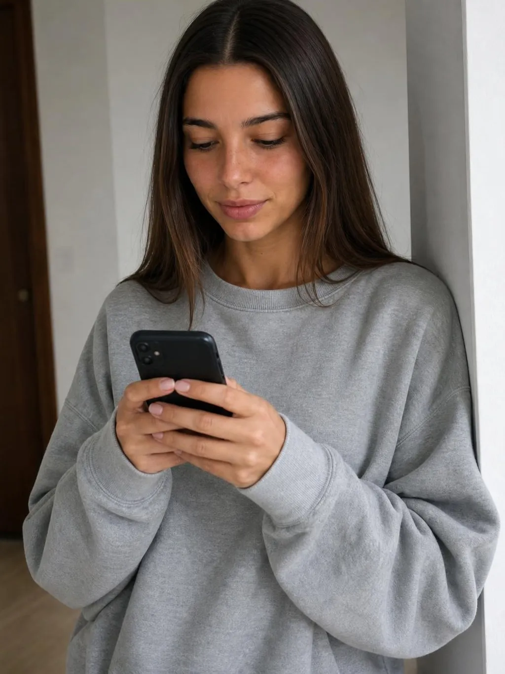 A character holding a phone in daylight checking a social profile, an unposed candid that reads as a real moment rather than a staged shot