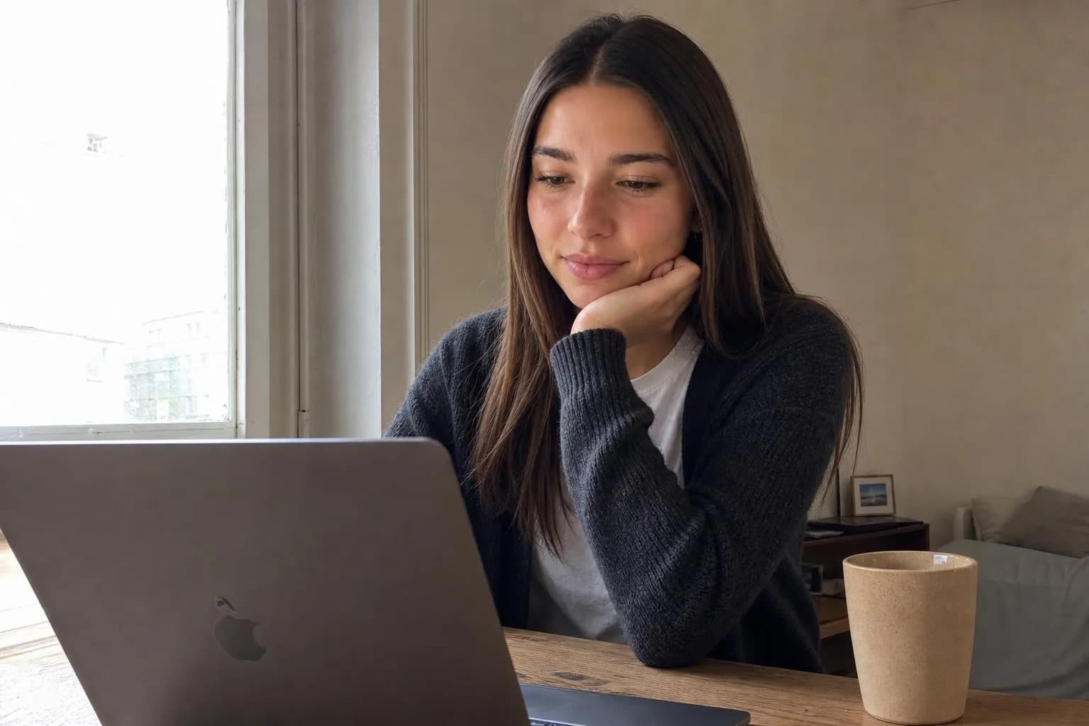 A character reading on a laptop at a table in daylight, focused on the screen, an unposed candid rather than a staged shot