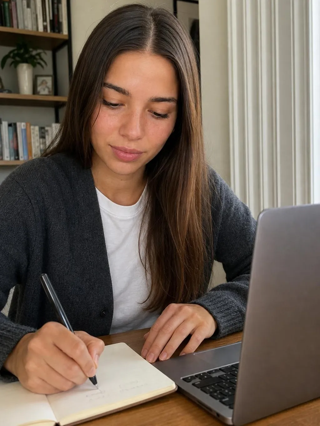 A character writing notes in a notebook next to a laptop at a table in daylight, an unposed candid rather than a staged shot