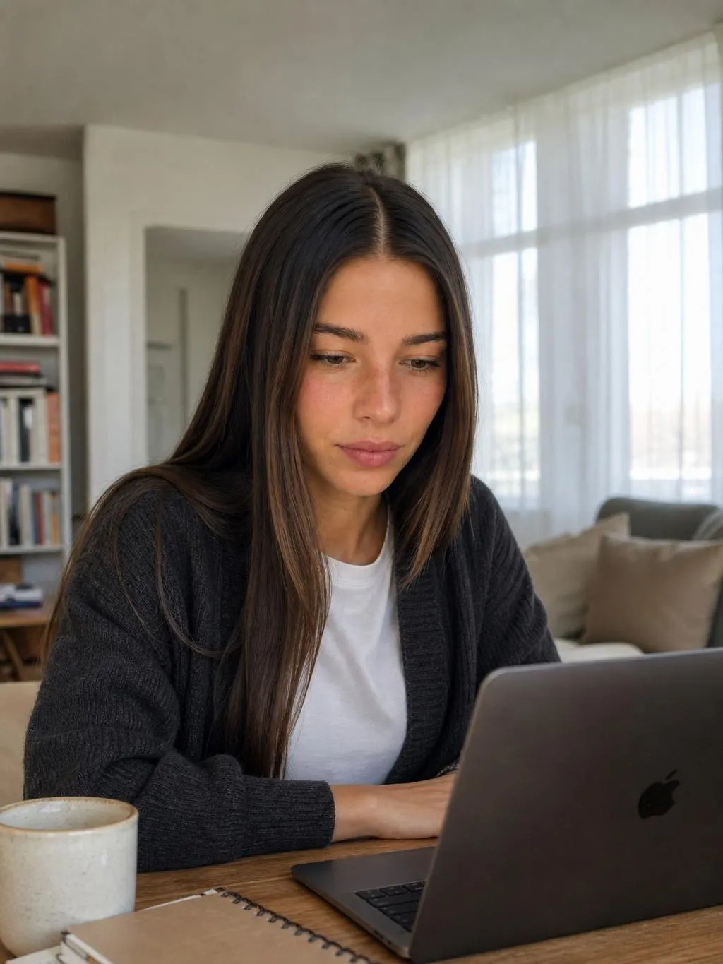 A character reading closely on a laptop screen at a table in daylight, an unposed candid framed like a real working moment