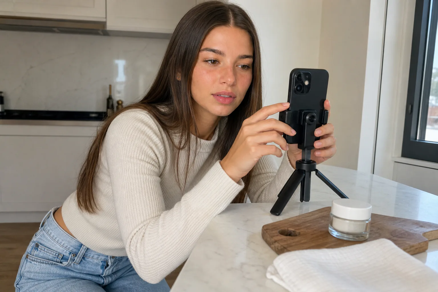 Woman setting up a phone on a small tripod at a kitchen counter to film a product demo