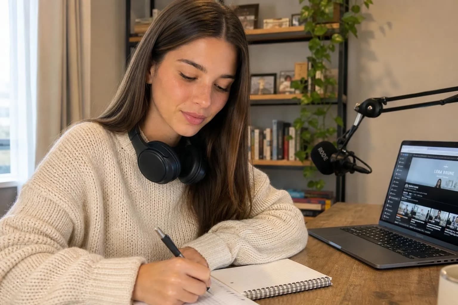 Young woman at a desk planning a video channel, laptop open beside a microphone and a notebook