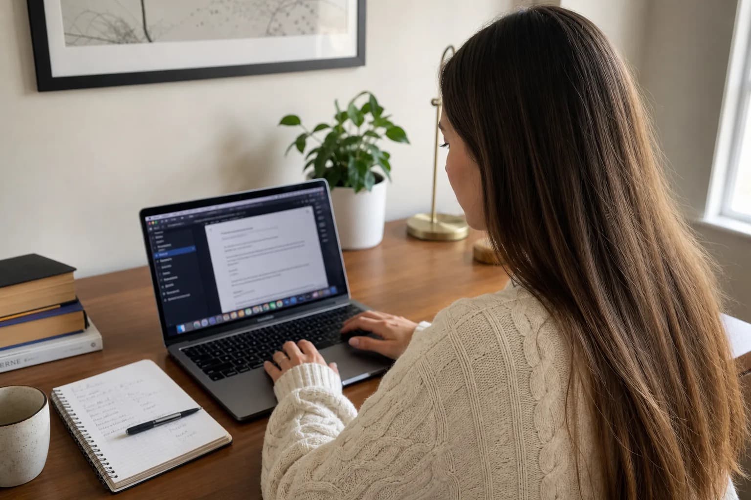 Young woman at her desk researching YouTube channel niches on her laptop with a notebook of ideas beside her