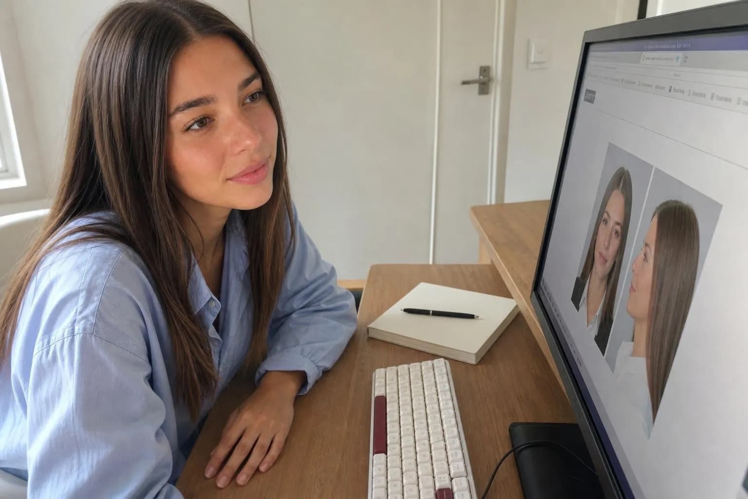 Young woman at a desk reviewing a two-person portrait composition on a large monitor