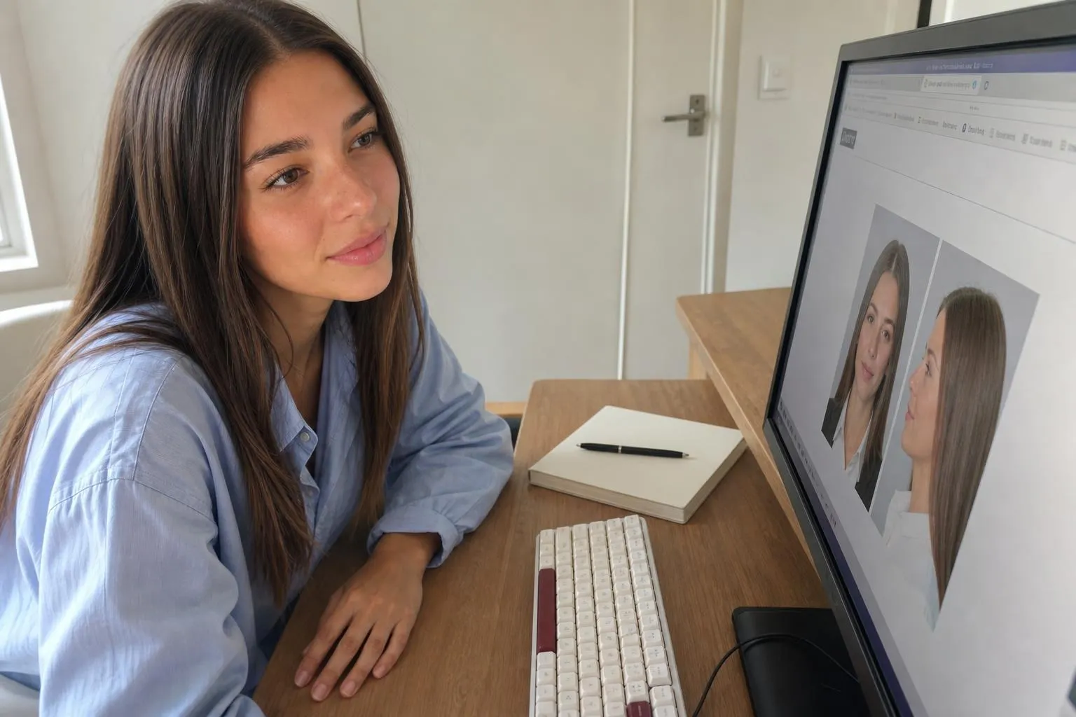Young woman at a desk reviewing a two-person portrait composition on a large monitor