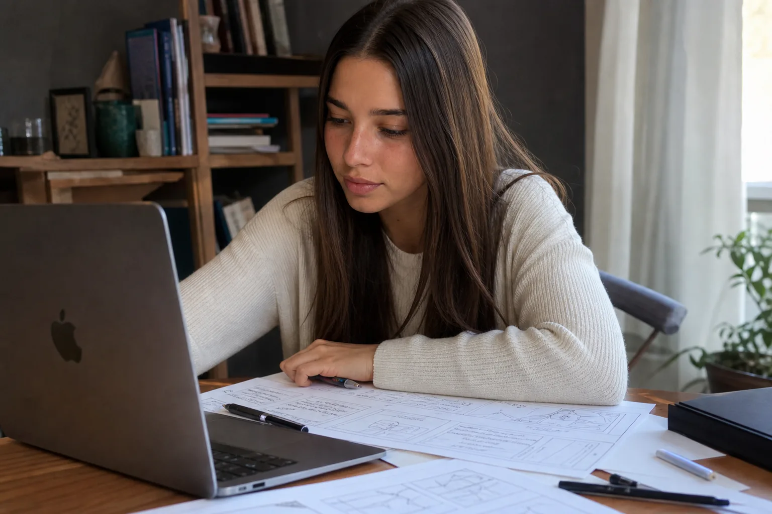 Young woman at her desk planning a multi-character scene layout