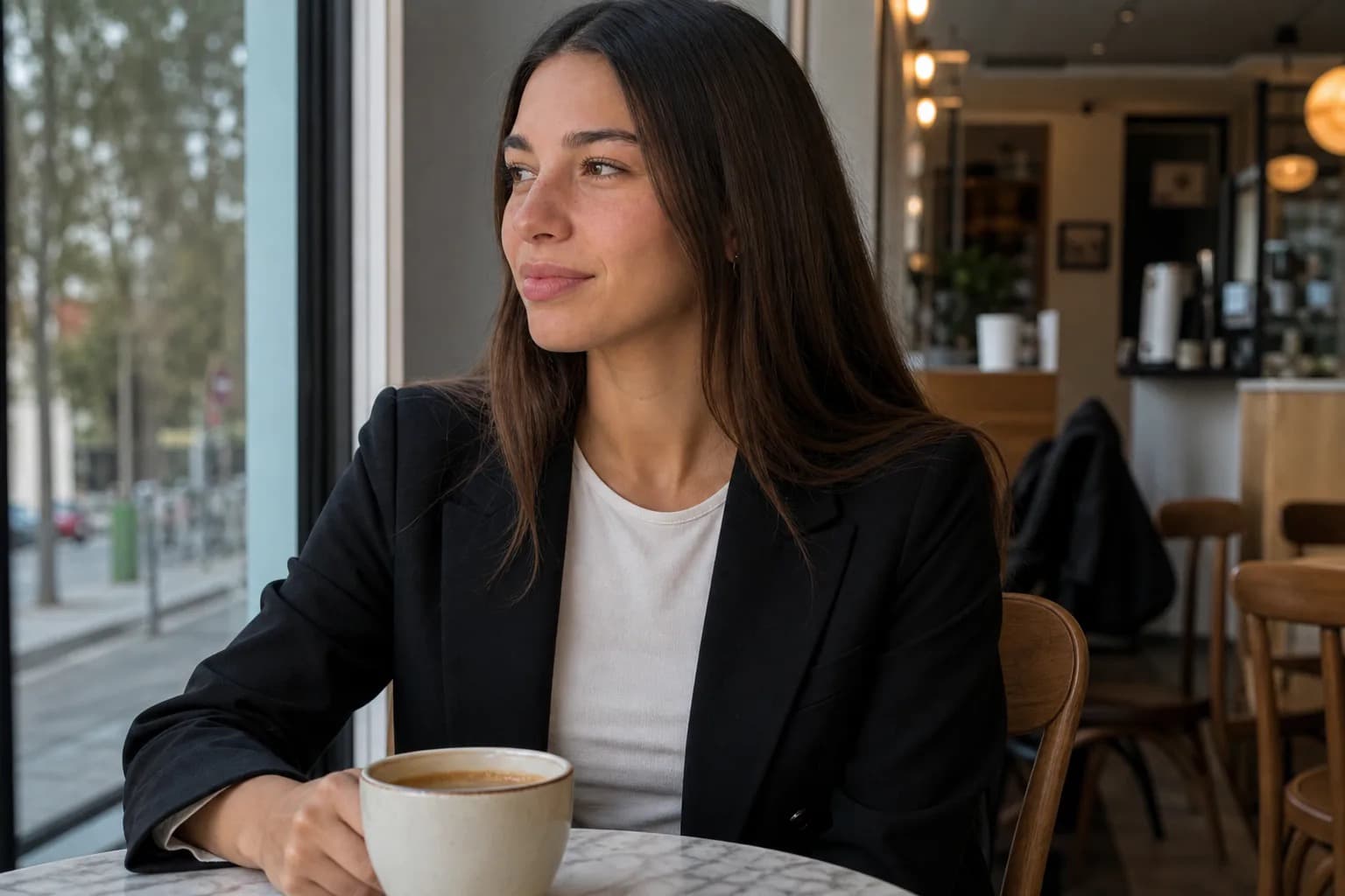Young woman at a cafe table near a large window, coffee in front of her, looking outside