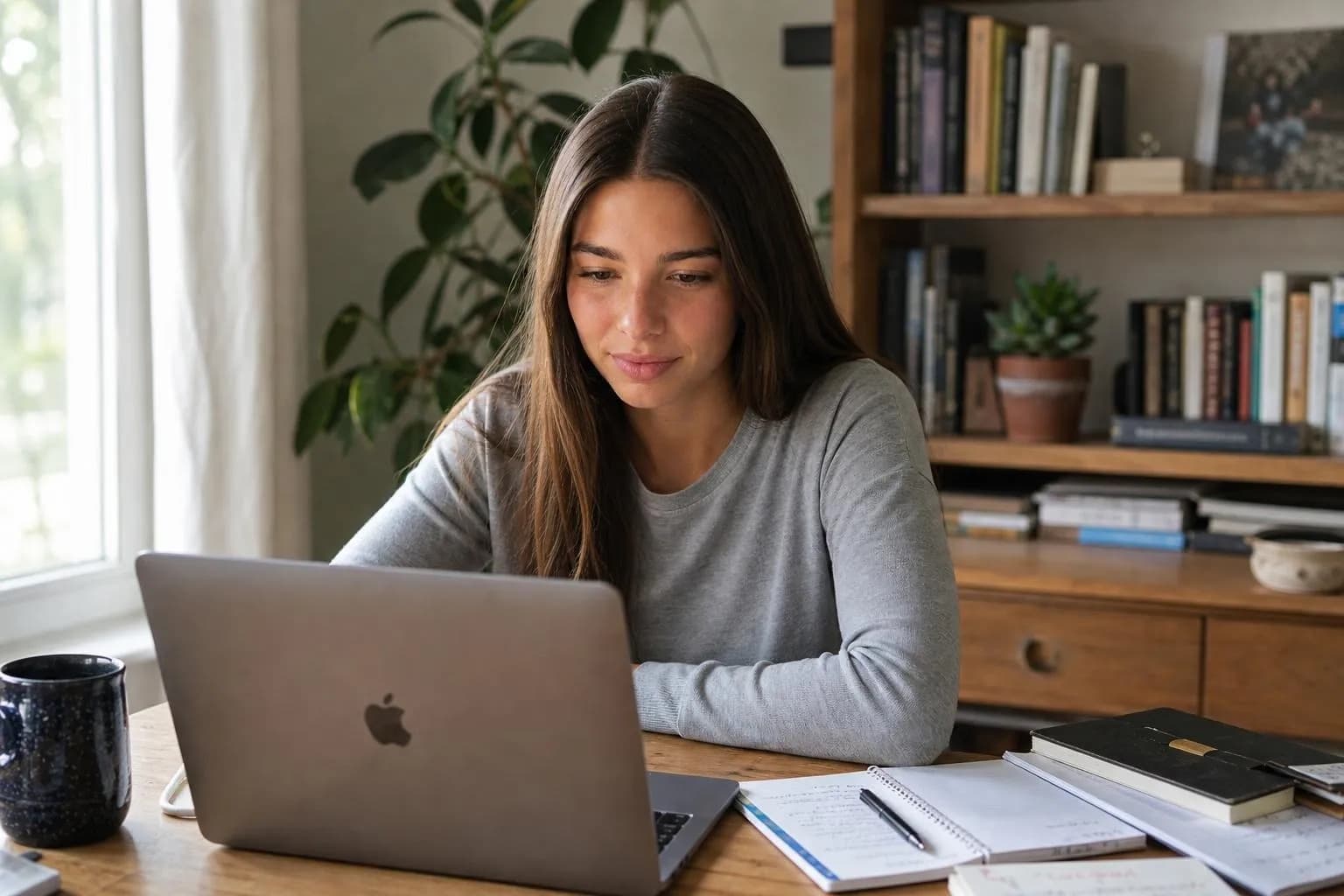 Woman at a home desk reviewing a grid of AI influencer portrait photos on her laptop