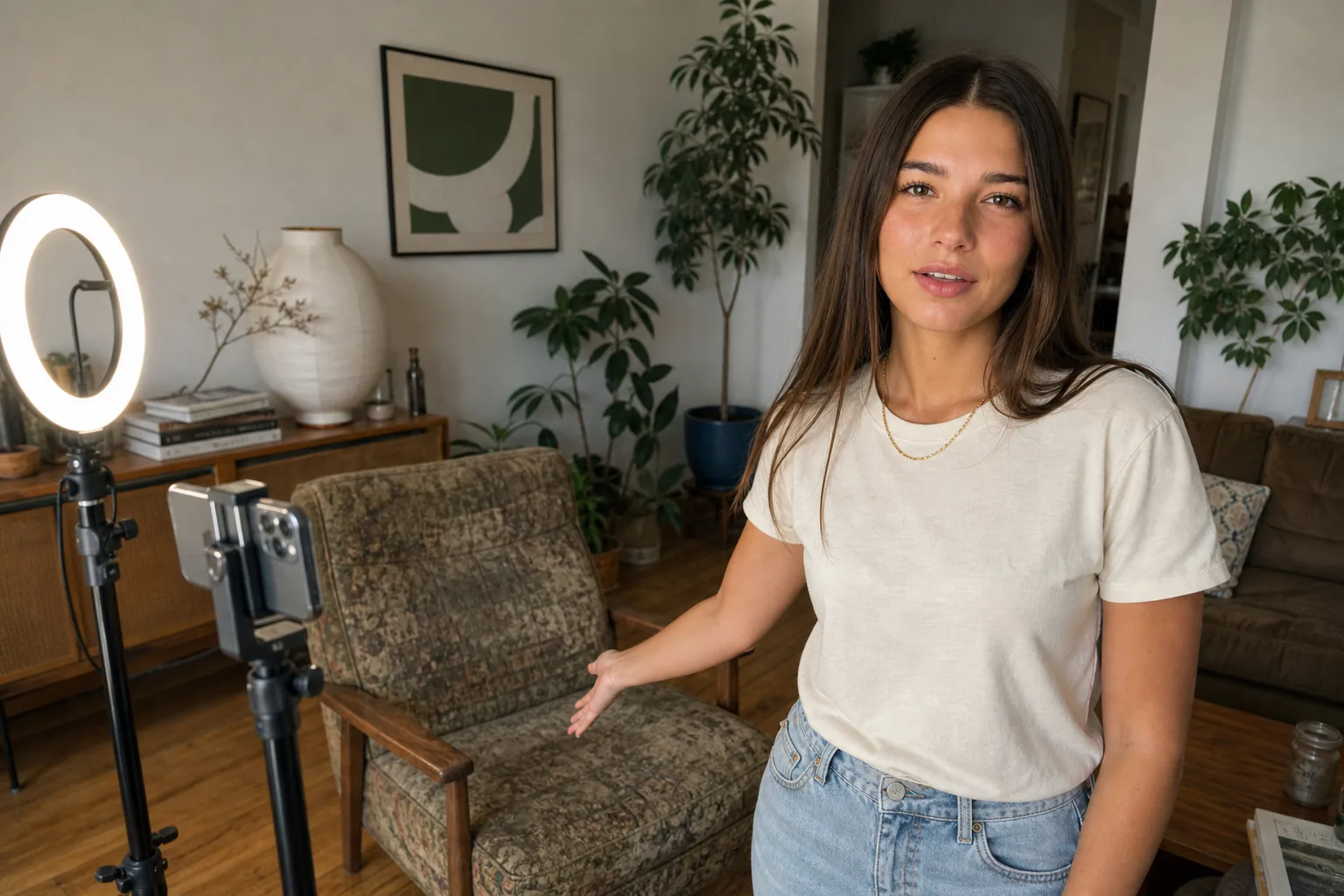 Woman filming Instagram content for a niche account with a phone on a tripod in a thrifted-furniture living room
