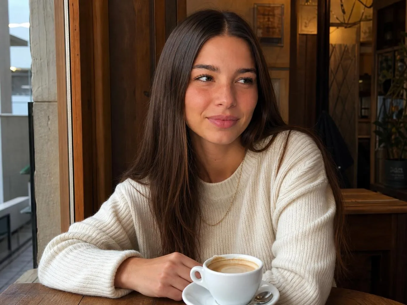 The same Cladegrove character sitting at a cafe with a coffee, an everyday feed-style photo, recognisably the same person