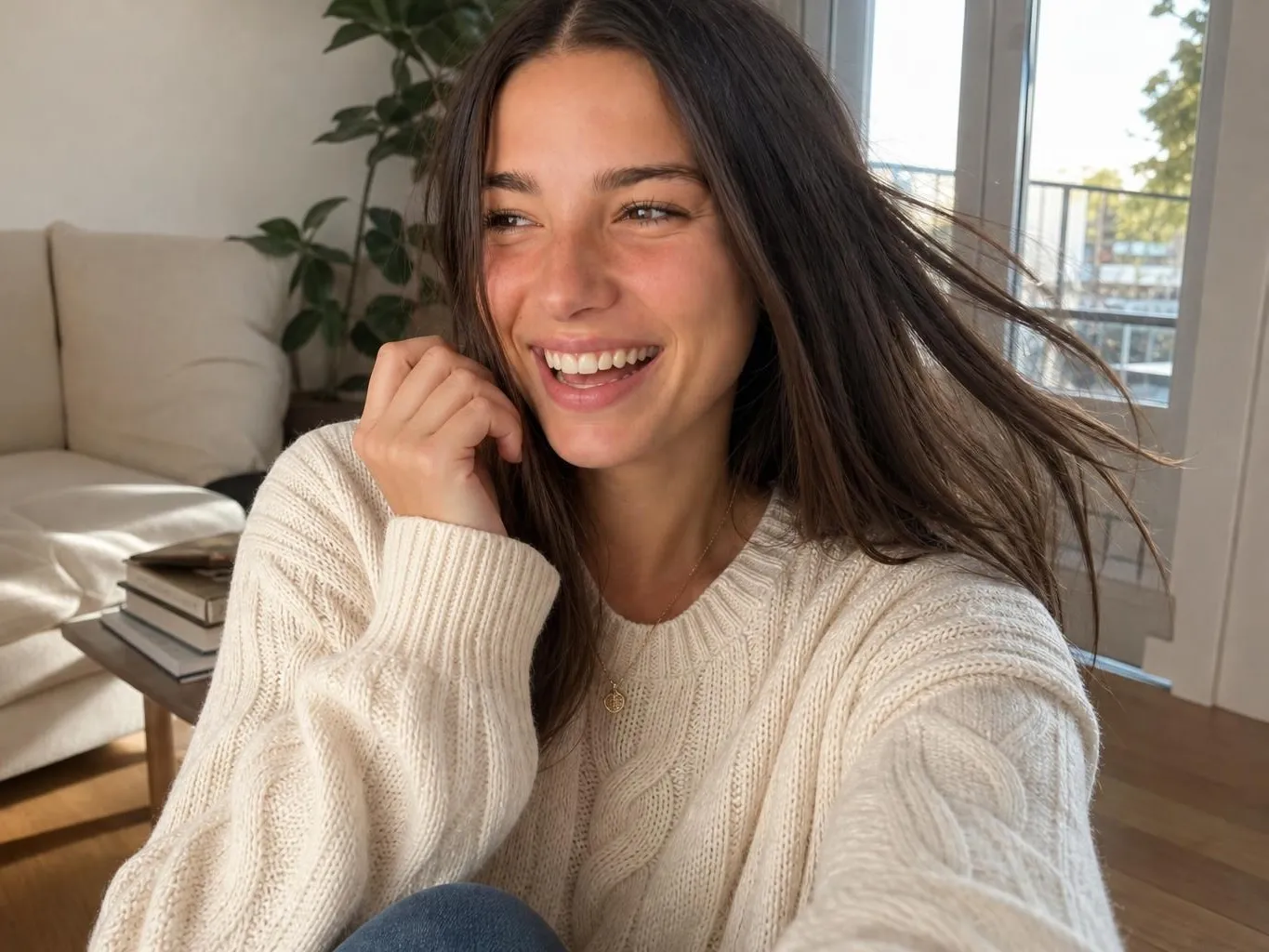 The same Cladegrove character laughing candidly indoors in a different outfit, the locked face unchanged while pose and expression are free