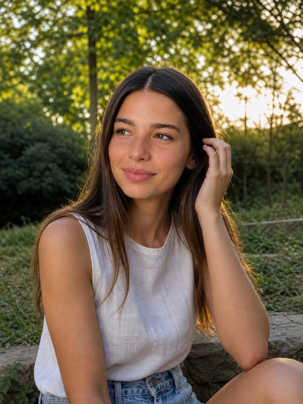 The same Cladegrove character outdoors at golden hour with warm side light, recognisably the same face as the studio reference