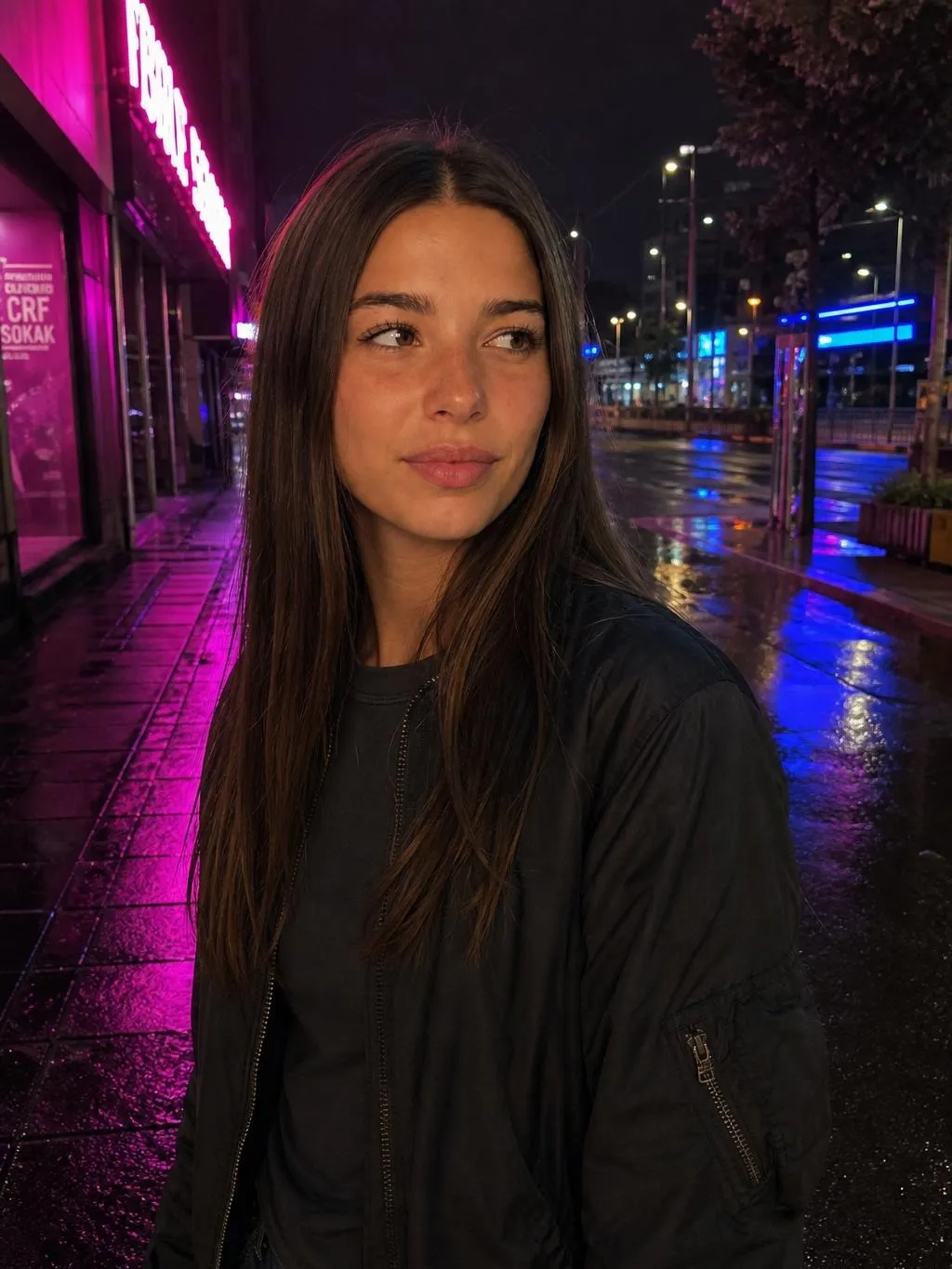 The same Cladegrove character on a neon-lit street at night, coloured light across the face, still the same person as the studio reference
