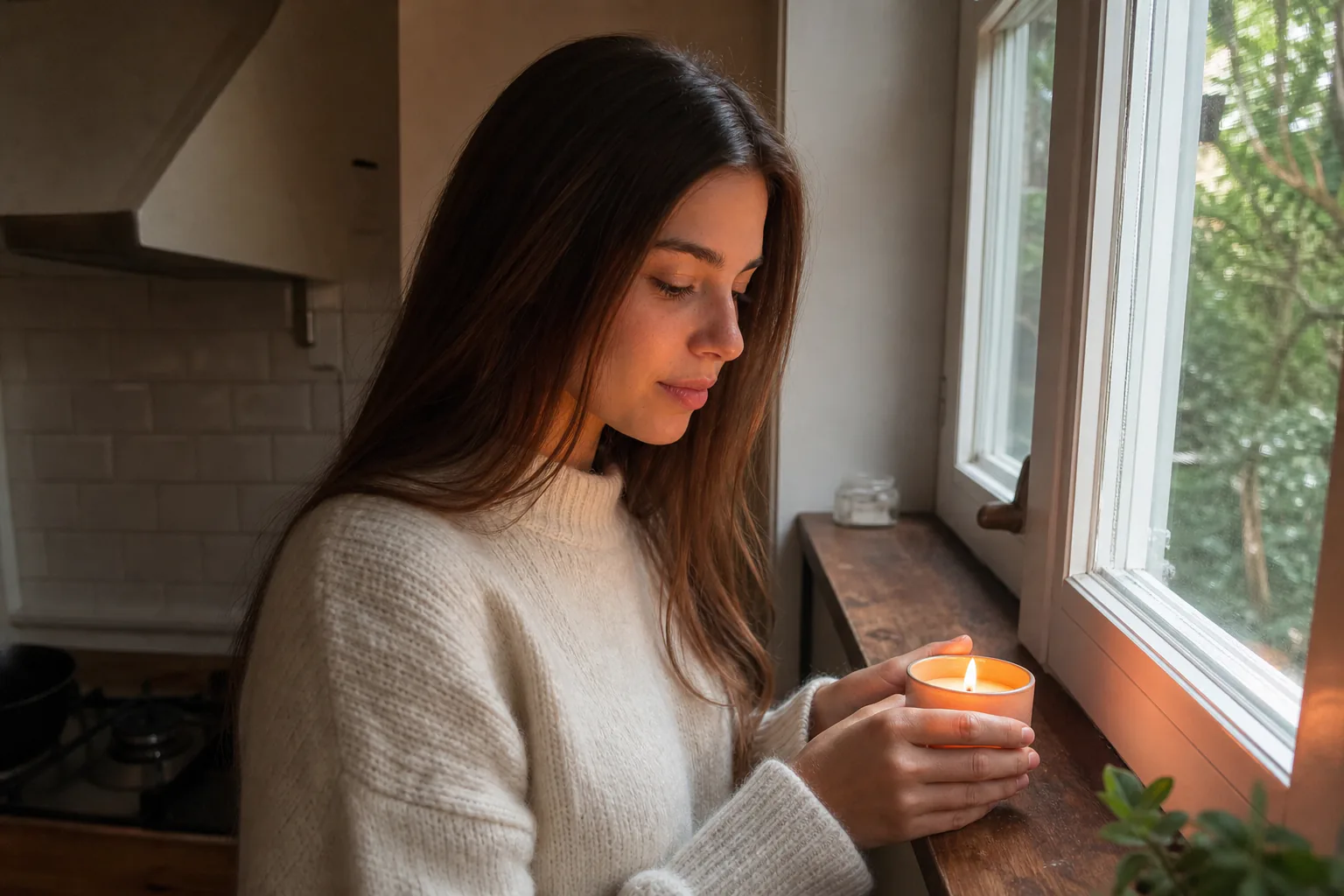 Woman lighting a candle on a sunlit windowsill, a lifestyle product photo in progress