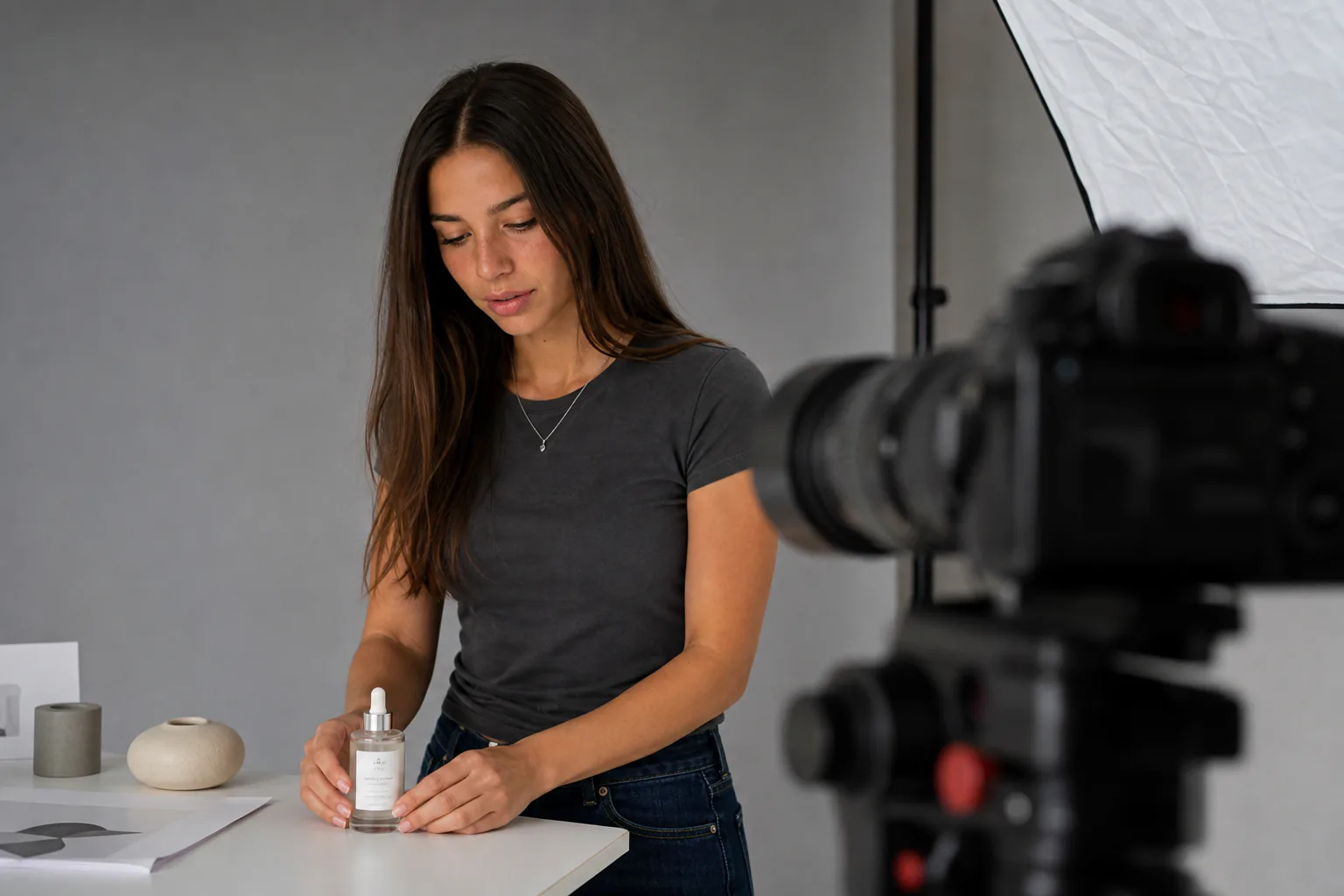 Woman adjusting a product on a table during a studio shoot