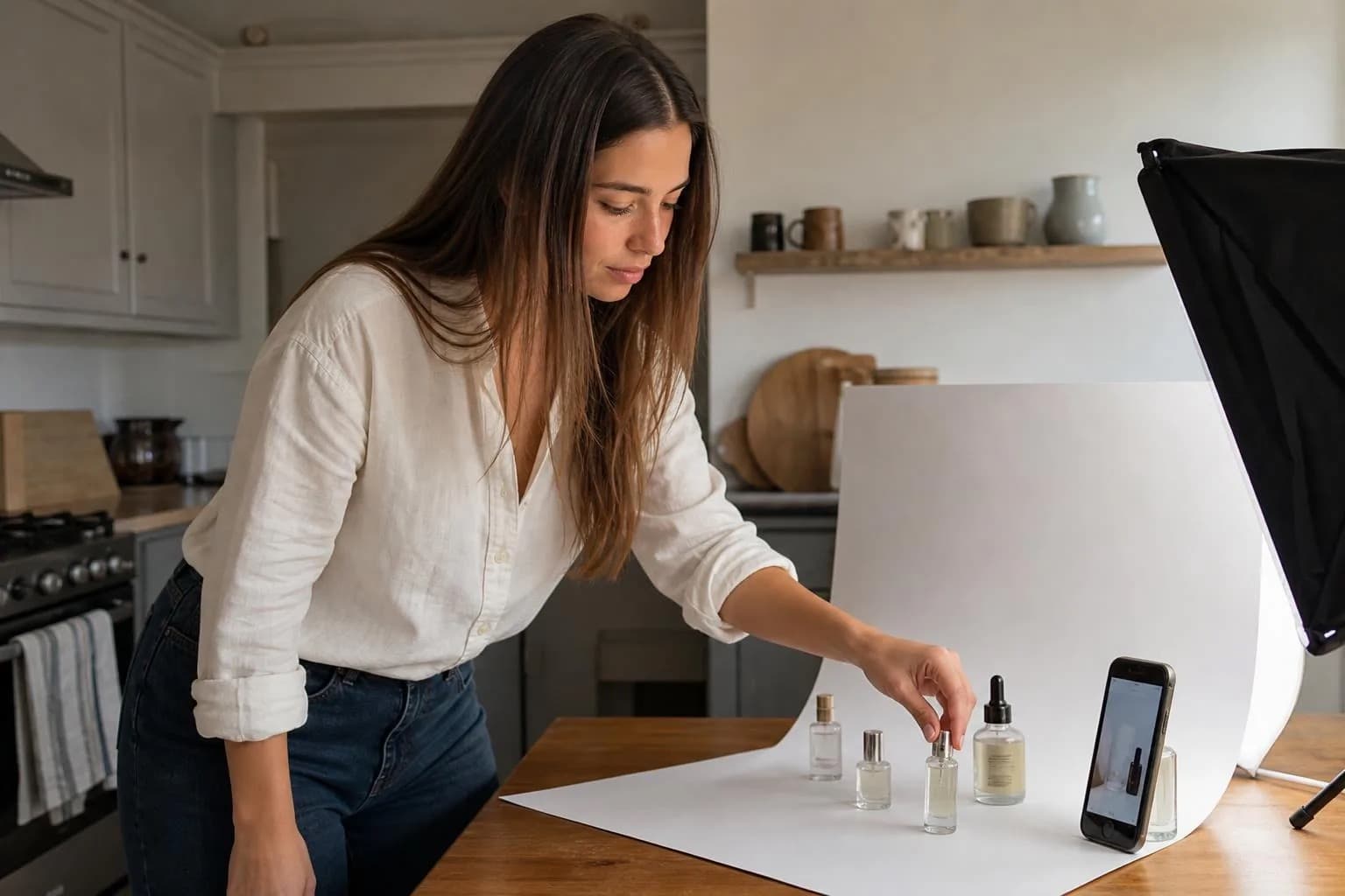 Young woman setting up a home product photography station with a white paper sweep and softbox light