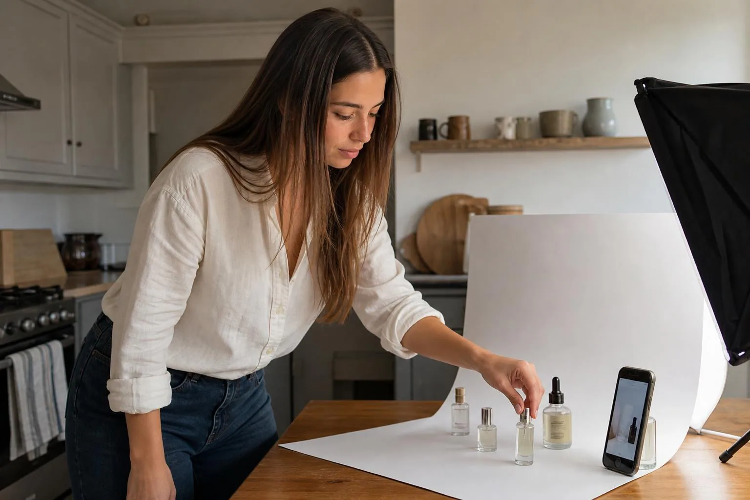 Young woman setting up a home product photography station with a white paper sweep and softbox light