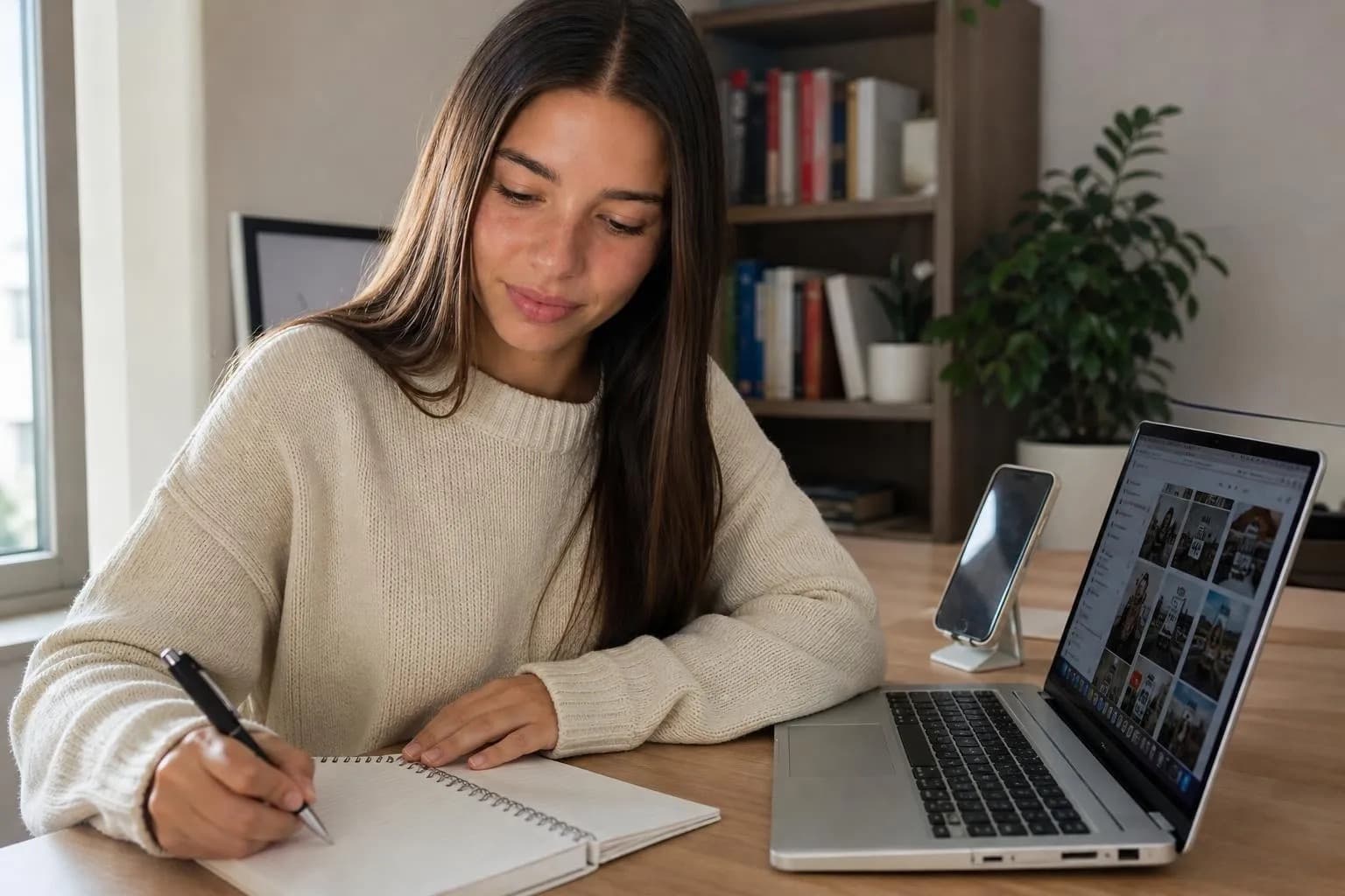 Young woman at a desk planning faceless TikTok content, laptop open beside a propped phone and notebook