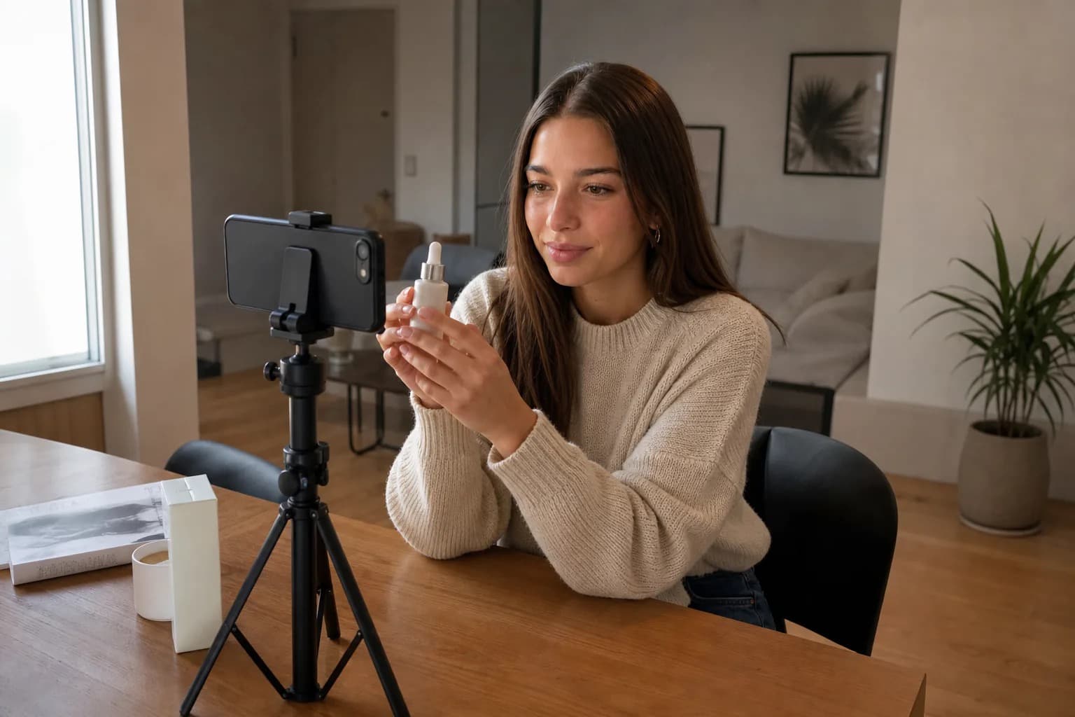 Young woman filming a product demo for a brand at her dining table using a phone tripod