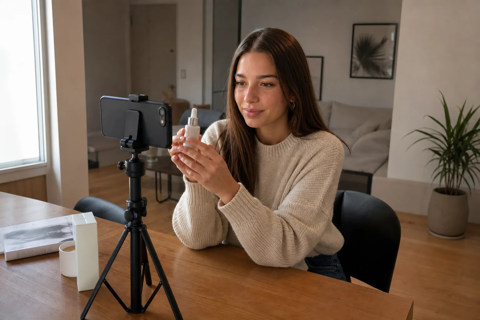 Young woman filming a product demo for a brand at her dining table using a phone tripod