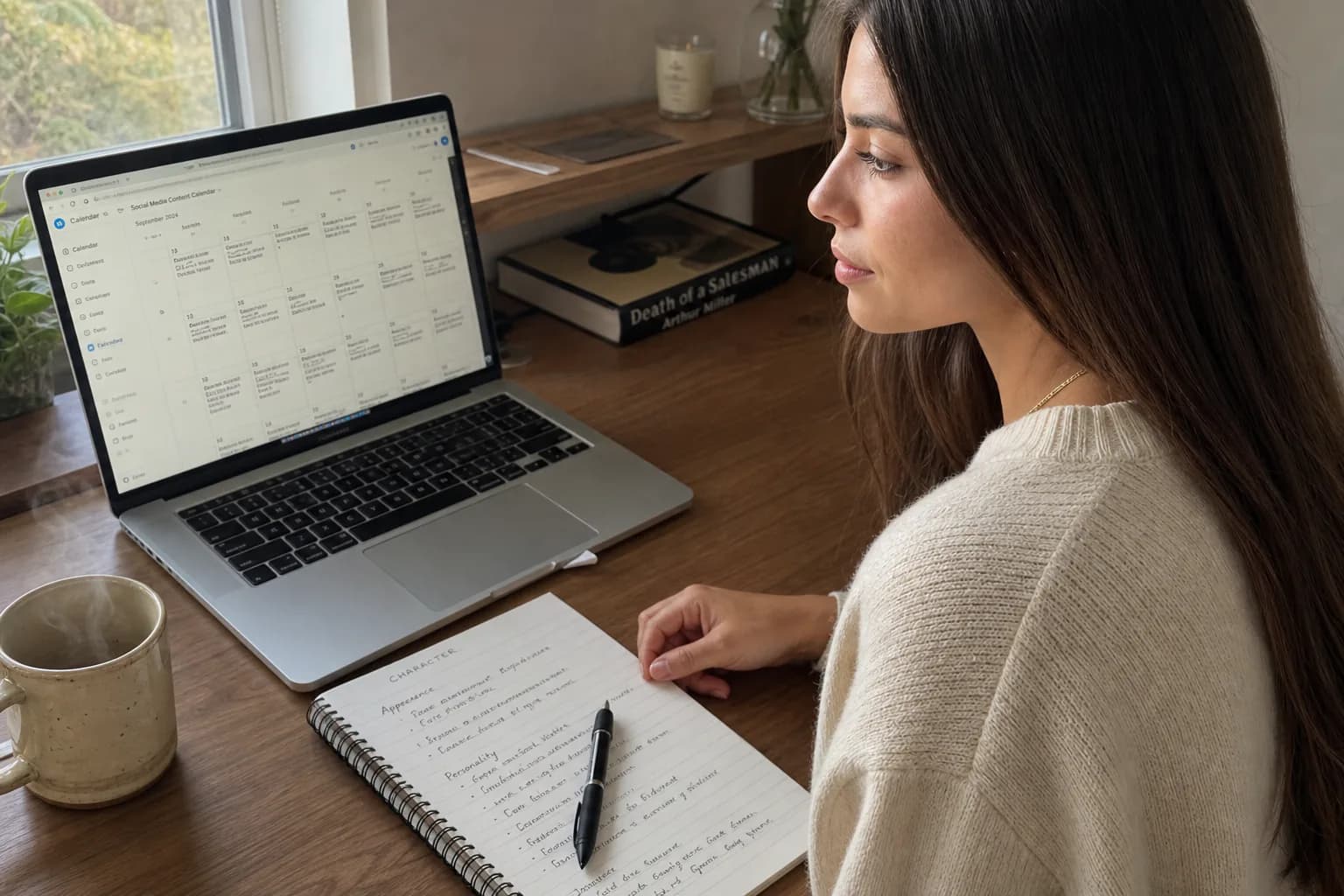 Young woman managing her AI influencer account schedule on a laptop with notes beside her