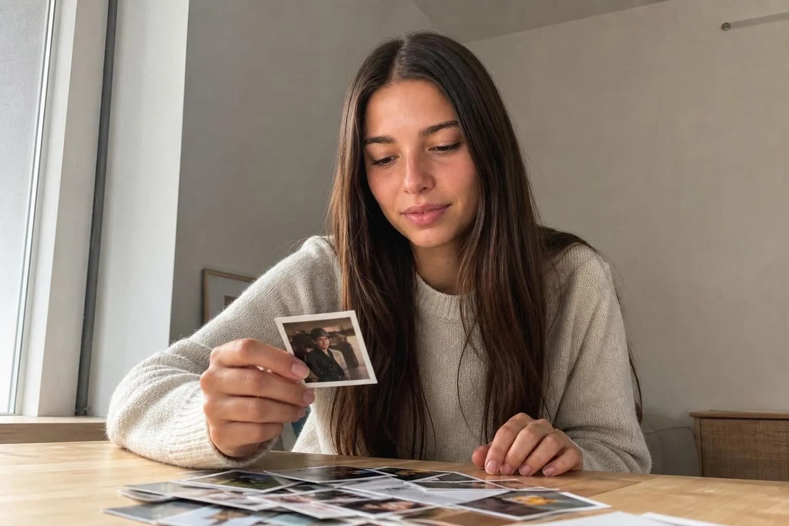 A character sitting at a daylight table, sorting through a loose spread of printed portrait photographs of herself, choosing and arranging them by hand
