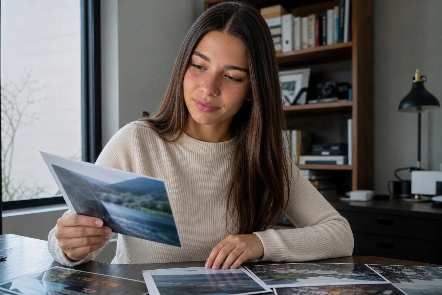 Young woman examining photo prints of her AI-generated landscape images