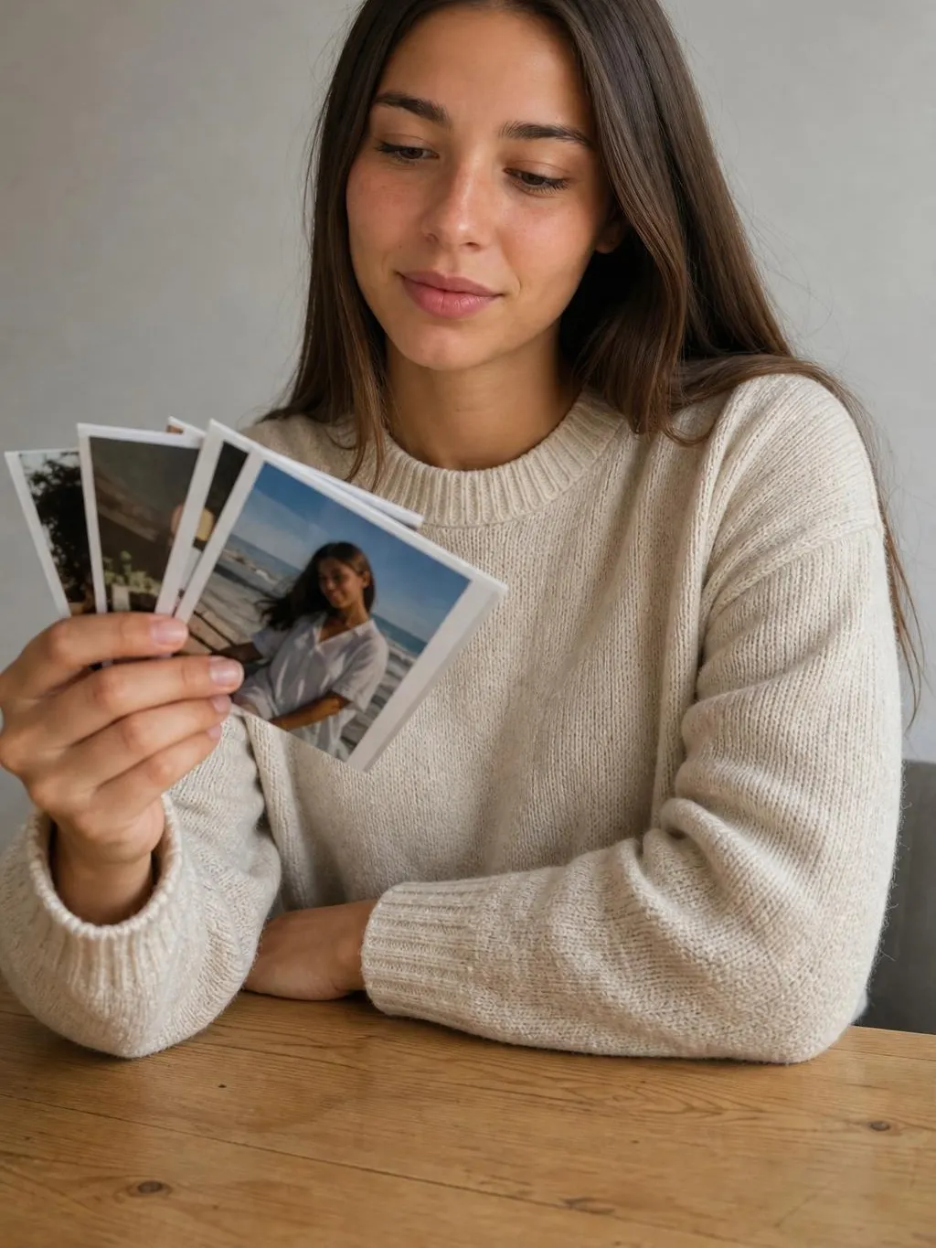 A character holding several printed photos of herself from different scenes, all clearly the same recognizable person, in flat daylight at a table