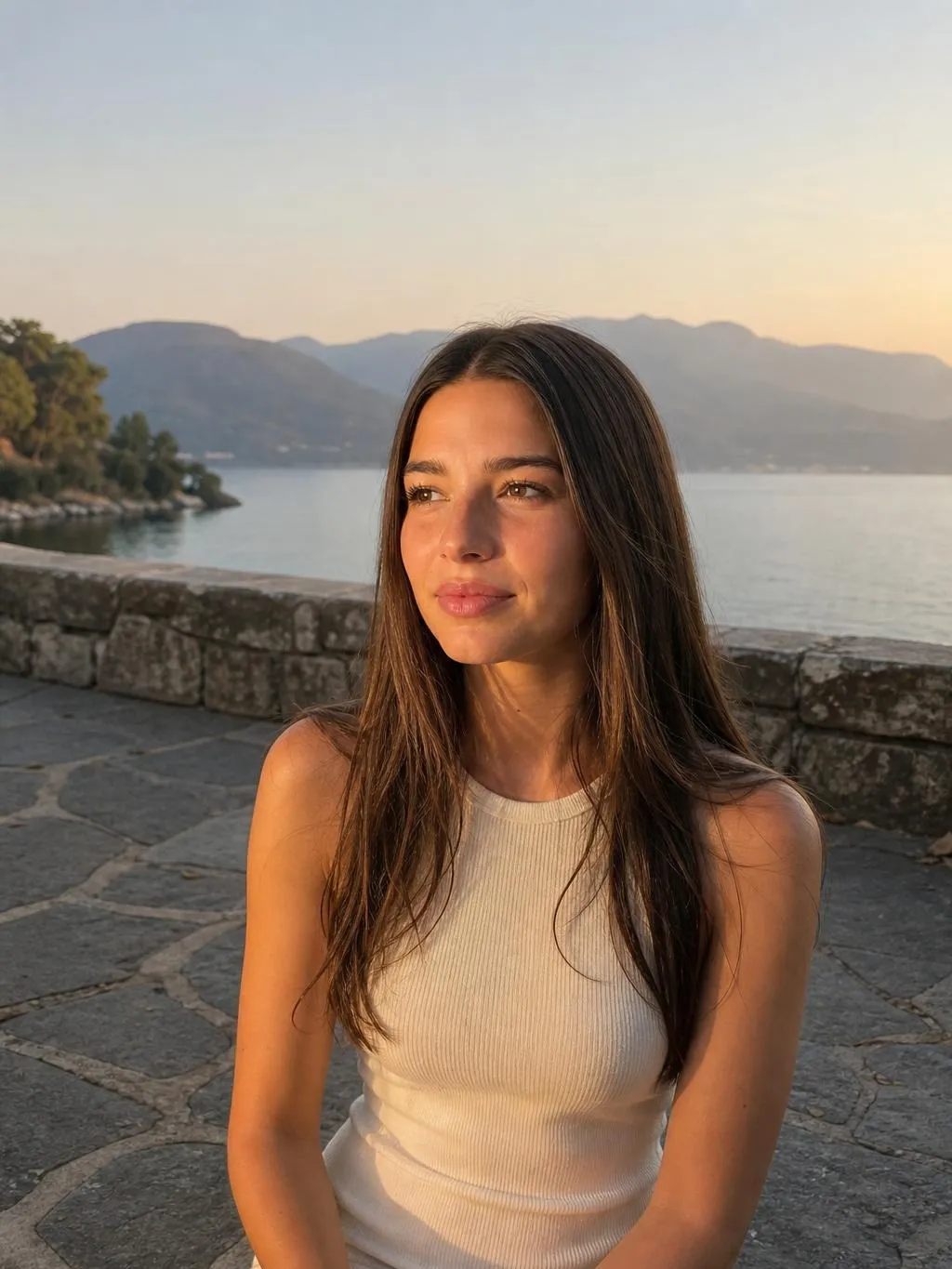 Cladegrove AI photo of a character on a lakeside stone terrace at golden hour, centered and composed with warm sunset light and a blurred background, the polished register that reads as staged on a social feed