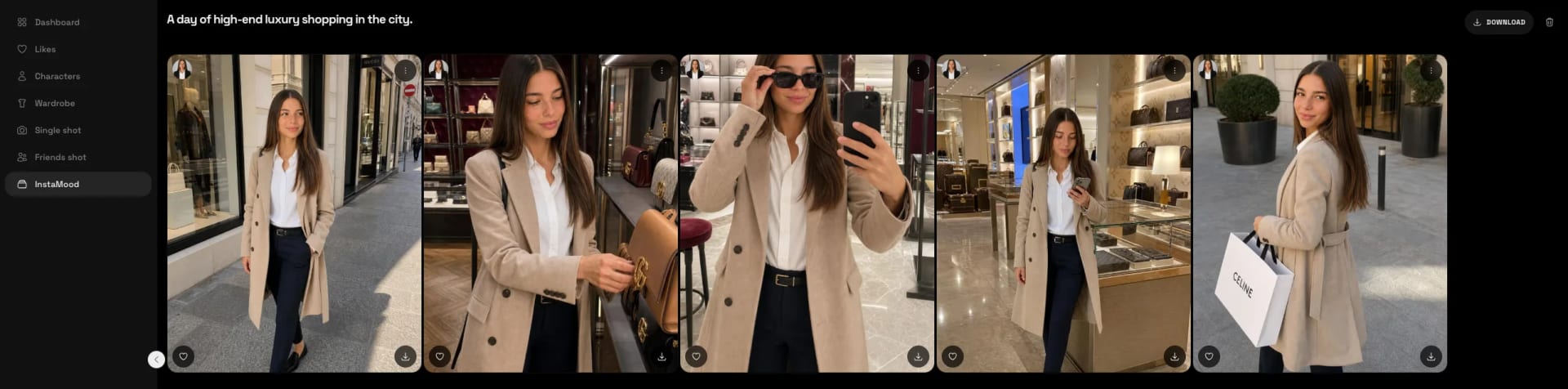 Cladegrove InstaMood pack view titled 'A day of high-end luxury shopping in the city': one brief generates a coherent five-scene carousel of the same AI influencer in a beige coat shopping across luxury boutiques, identity and outfit held across every shot