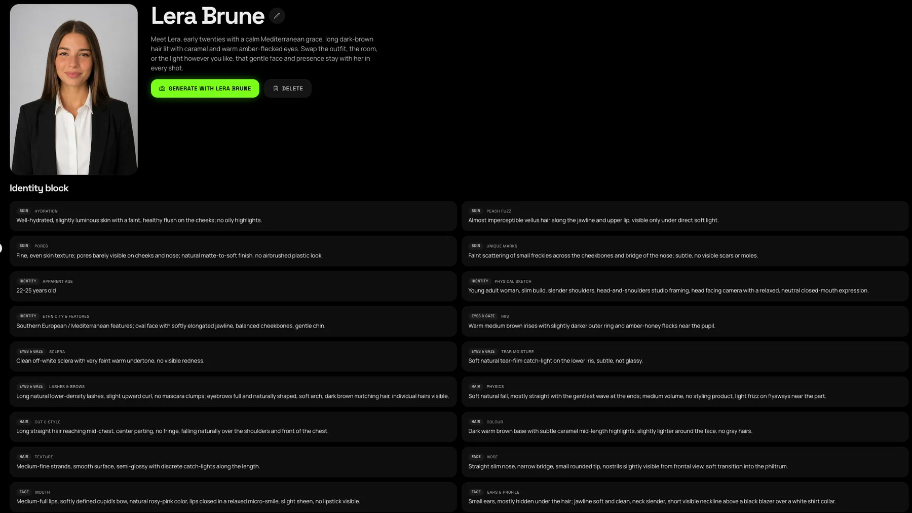 Cladegrove character profile page for Lera Brune: studio portrait card on the left, name and description with Generate and Delete actions, and the Identity block below with skin, eyes, hair, and face traits