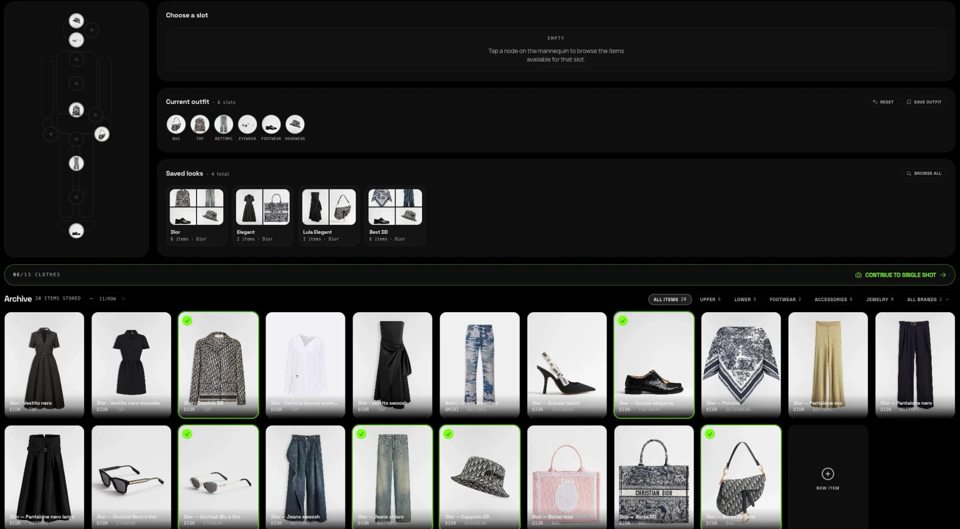 Cladegrove wardrobe page: 13-node mannequin diagram on the left, an empty slot prompt, the current outfit across 6 slots (bag, top, bottoms, eyewear, footwear, headwear), four saved looks (Dior, Elegant, Lula Elegant, Best DD), and the archive of 20 stored items grouped by upper, lower, footwear, accessories and jewelry