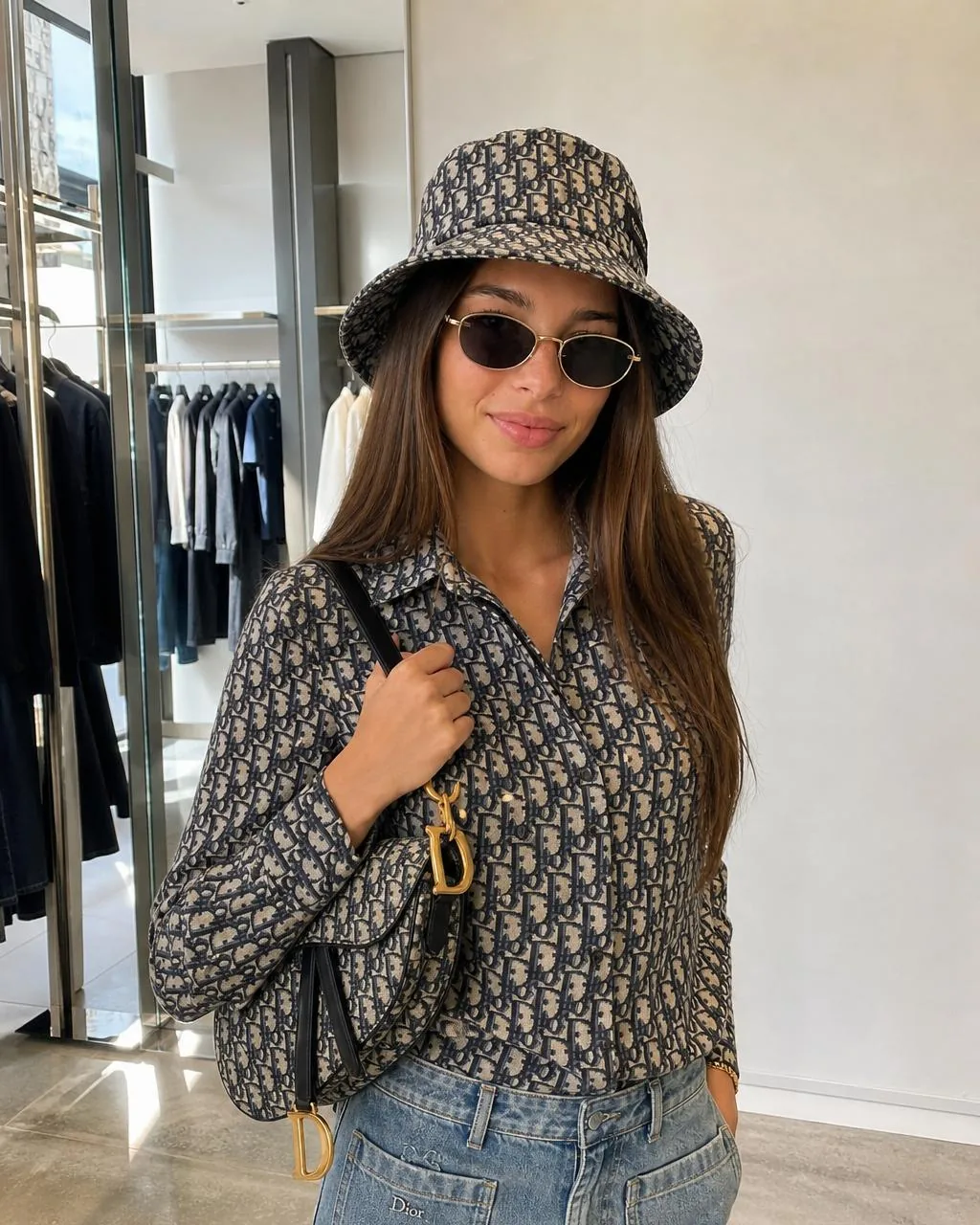 The same Cladegrove brand ambassador, locked identity, captured in a candid waist-up portrait inside a high-end minimalist Dior boutique: monogram bucket hat, oval gold sunglasses, monogram shirt and saddle bag, with denim and a soft daylight backdrop, showing how one face ships into an on-location brand scene without re-shoot or talent booking