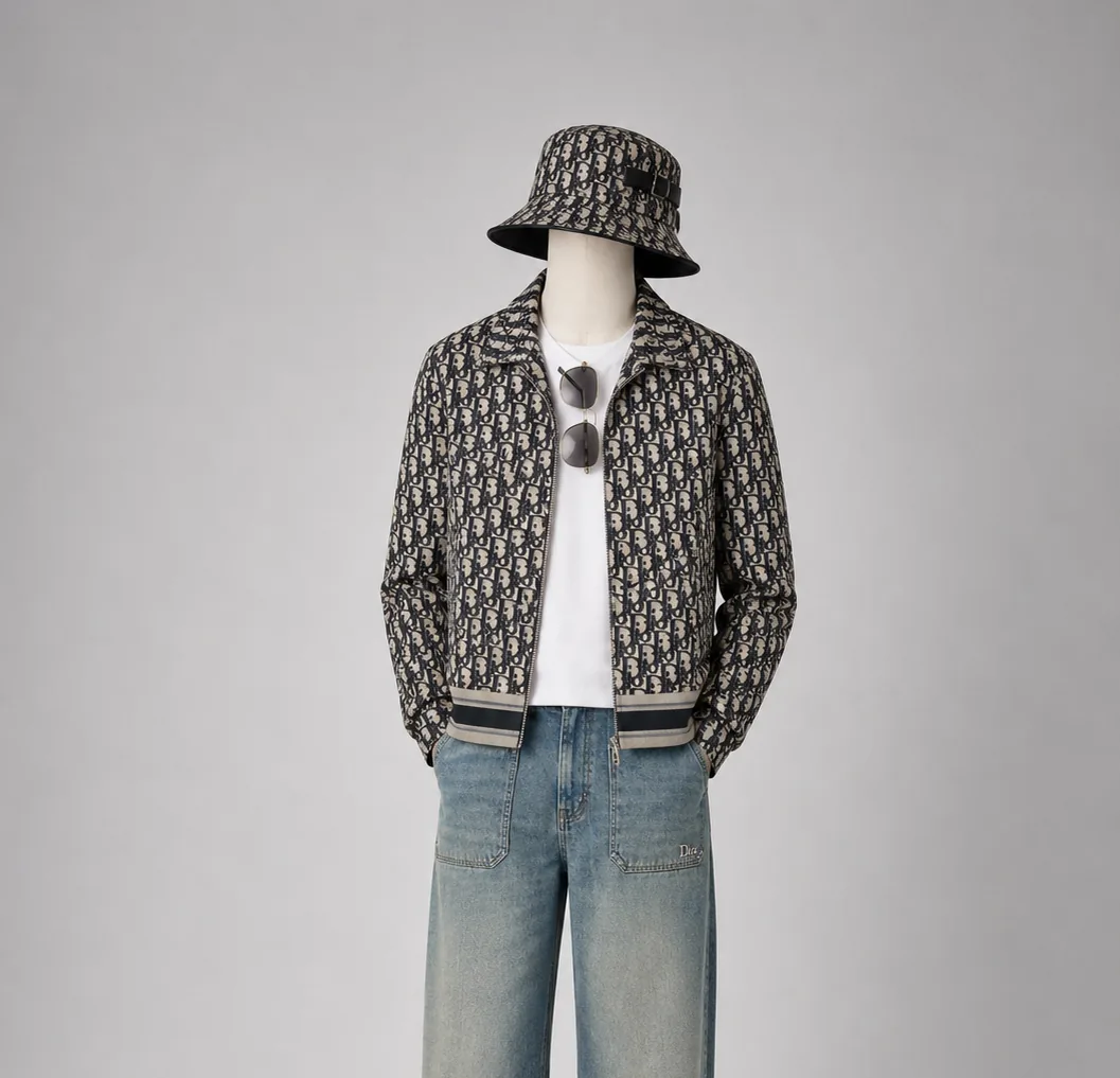 Cladegrove wardrobe look preset: a saved Dior monogram outfit composed of bucket hat, monogram jacket, white tee, sunglasses and wide-leg denim, staged on a neutral mannequin against a soft gray studio backdrop, ready to be applied to the brand ambassador in one click